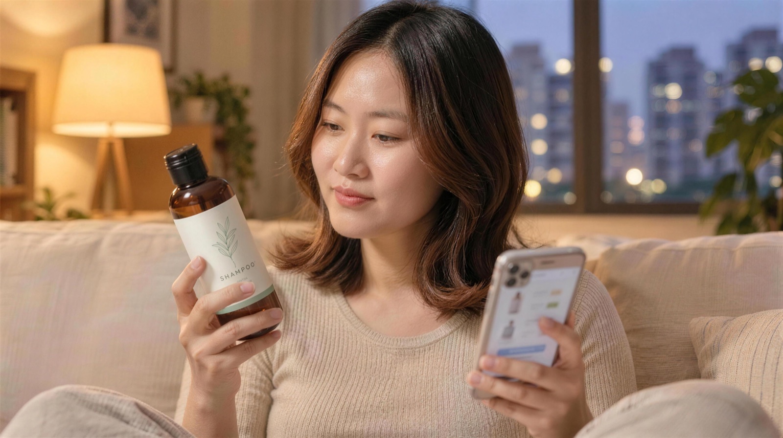 A young woman compares the label on her shampoo bottle with an online shopping basket on her phone before paying