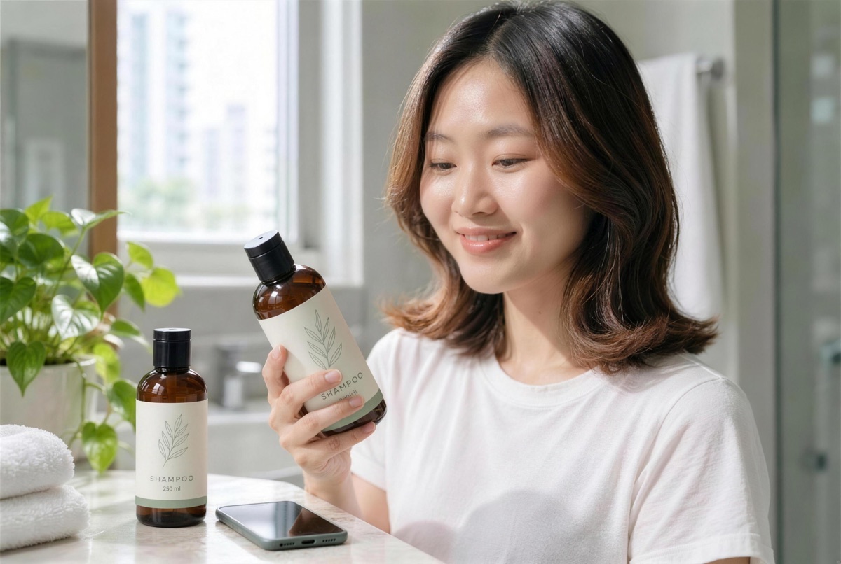 A young woman compares two similar shampoo bottles at home, reading the back label of one