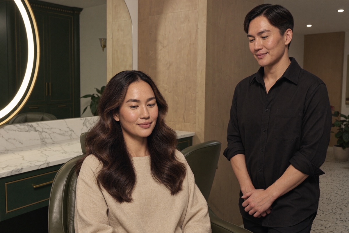 A salon customer sits relaxed and reassured after a stylist has explained the full cost of her service