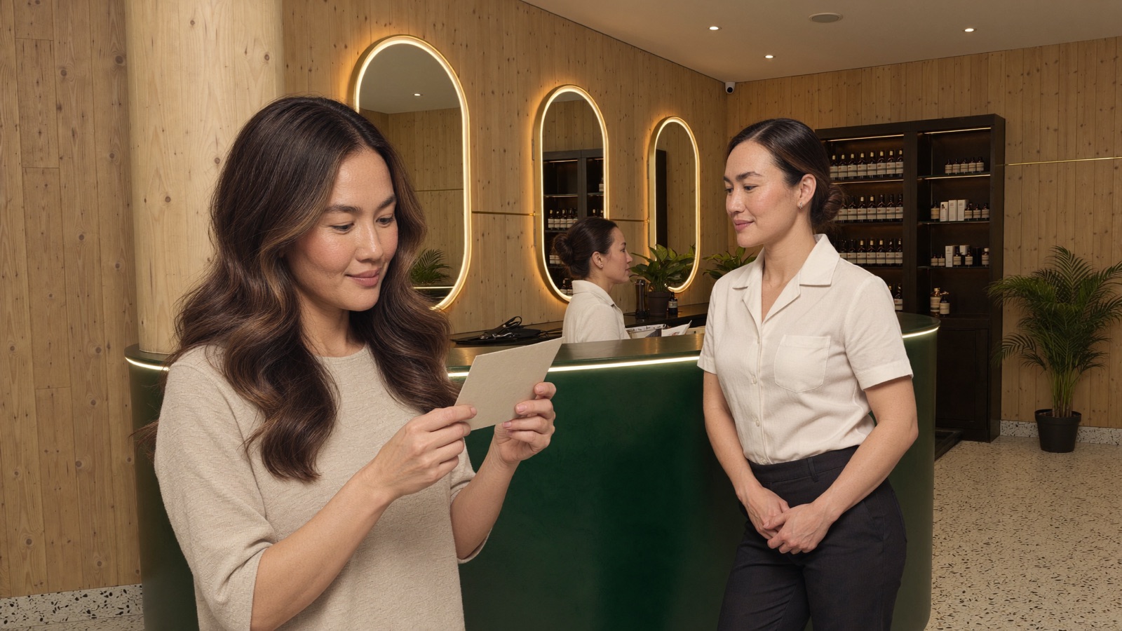 A woman reads a salon offer card at the reception counter while a receptionist waits attentively