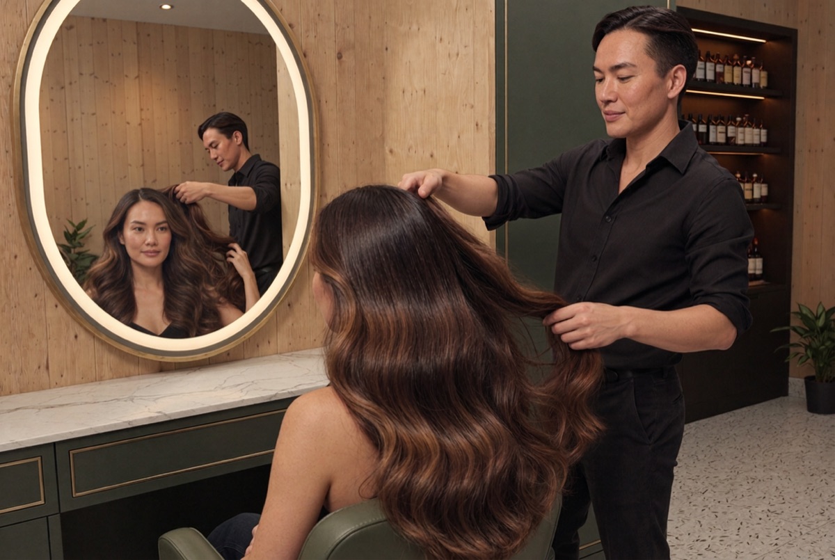 A hair stylist holds out a section of a seated customer's hair to show its length while explaining the price