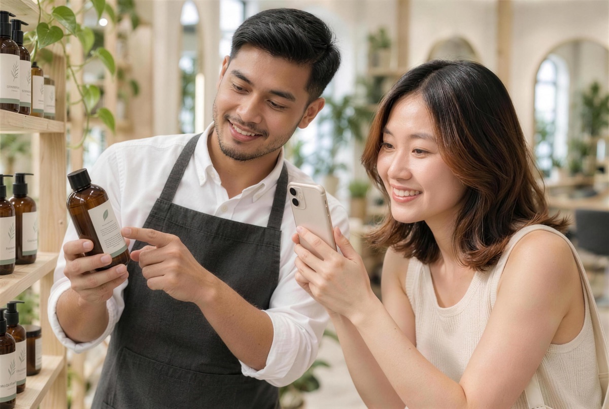 A salon stylist shows a customer the back label of a hair product while she photographs it to compare later